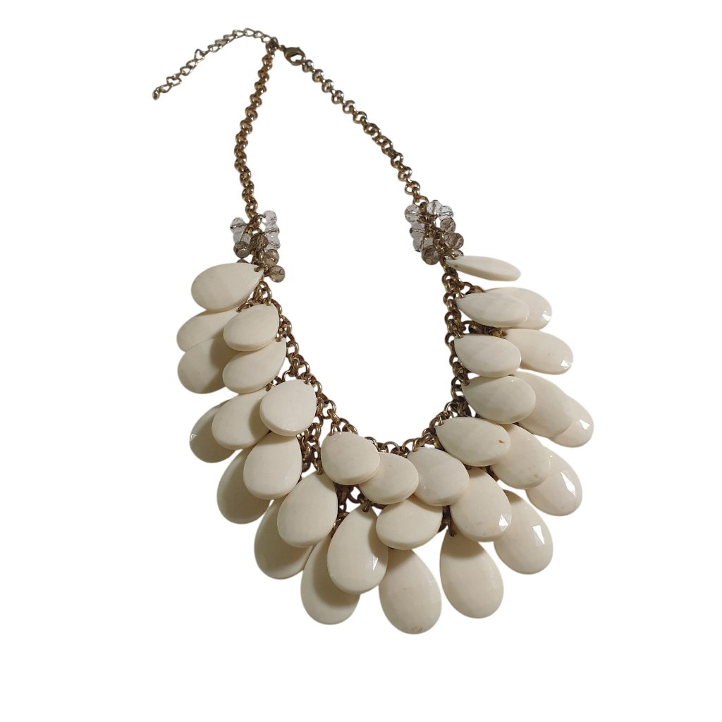 Bib Necklace Cream Teardrop Beads Gold Tone Chain Lobster Clasp Adjustable